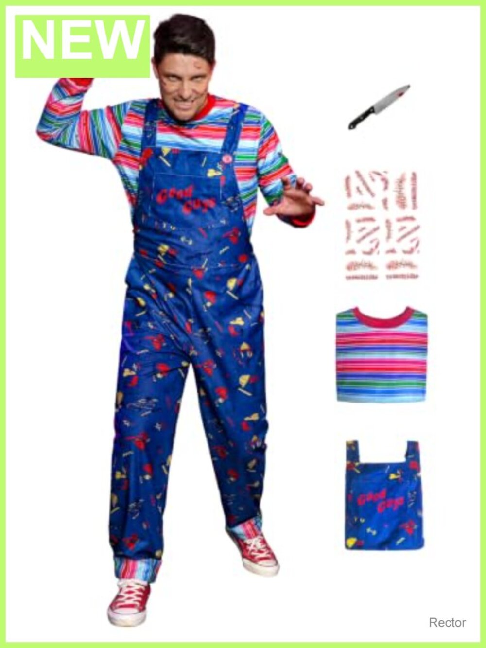 Men's Killer Doll Halloween Costume Shirt Overalls 4pc Set